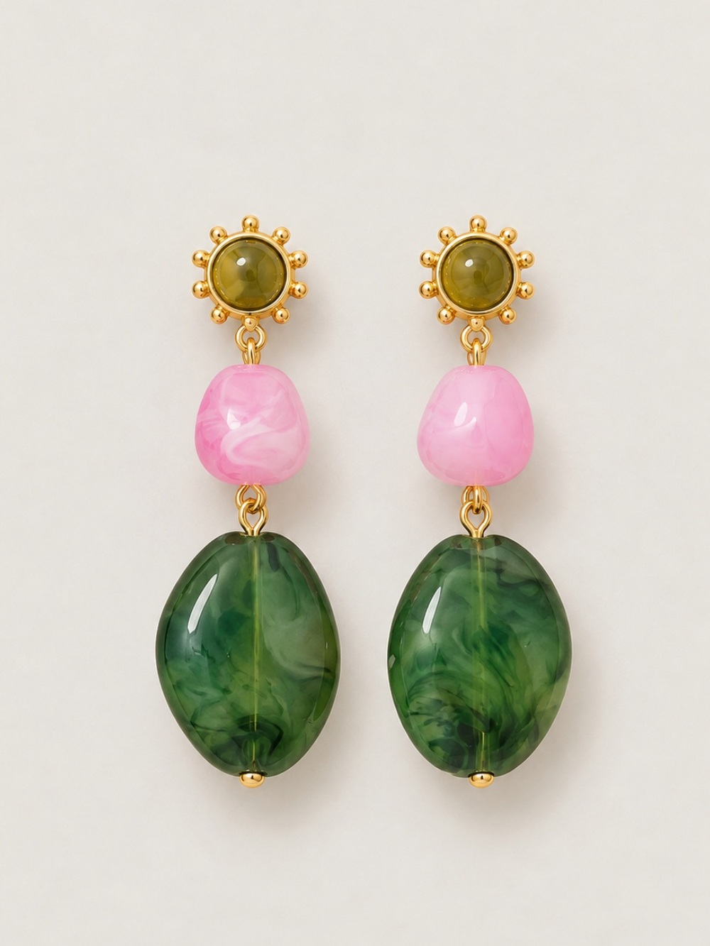 New! Pink Green Gemstone Drop Earrings NWOT